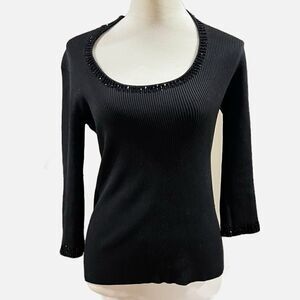 Cache ribbed long sleeved beaded silk shirt